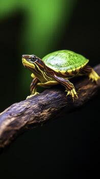 Colorful turtle resting on a branch with lush green background in a vibrant nature scene photo