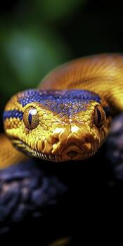 vívido naranja y azul escamas de un vistoso serpiente en naturaleza ajuste capturado en de cerca atención foto