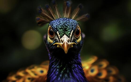 Vibrant closeup of a Colorful Peacock Displaying Its Stunning Feathers in Nature's Wonderland photo
