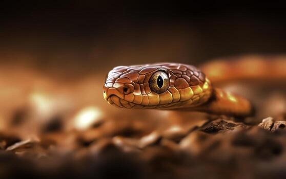 closeup of Vibrant Red and Orange Snake Head with Intense Eye on Natural Background photo