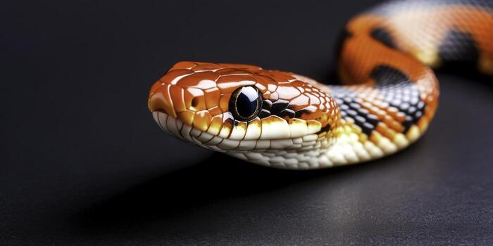 closeup View of a Colorful Snake with Vibrant Patterns on Dark Background photo