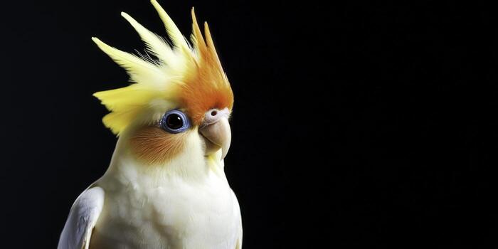 Stunning closeup of Colorful Cockatiel with Bright Feather Crest Against Dark Background photo