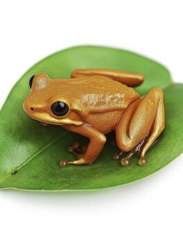 Vibrant Orange Frog Sitting on Green Leaf Against White Background in Studio Setting photo