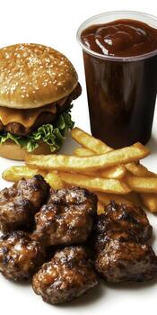 Juicy Chicken Wings, Burger with Cheese, Crispy Fries, and Soft Drink on a White Background photo