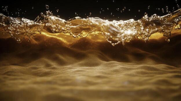 Dynamic Wave Formation with Sparkling Water Droplets and Golden Sand Background photo