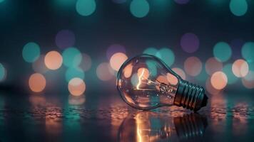 brilhante idéia iluminado luz lâmpada em reflexivo superfície com bokeh fundo video