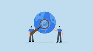 värld ekonomisk analys, entreprenör använder sig av förstorande glas på klot vid sidan av Diagram och Graf, video