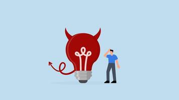 Bad idea cause problem and failure, perplexed entrepreneur staring at evil lightbulb questioning it a poor choice, video