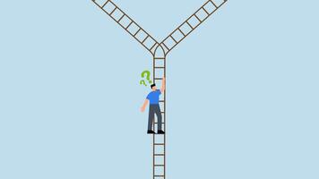 Decision making, Perplexed entrepreneur ascends ladder and discovers intersection to choose path, video