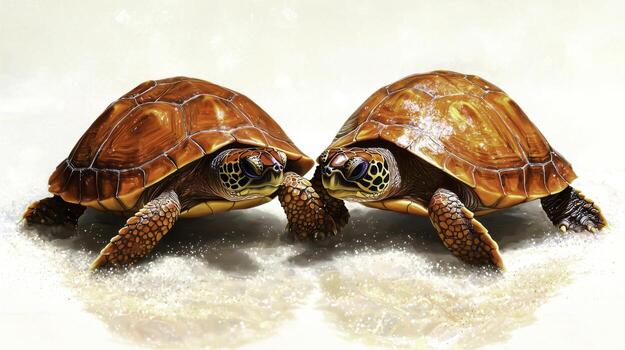 Pair of Colorful Turtles in Natural Habitat with Soft Reflection and Gentle Waves photo