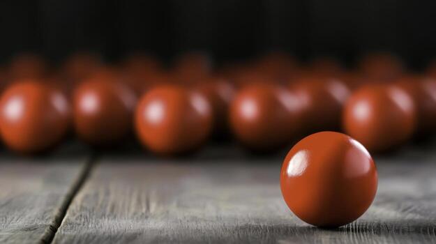 Single Red Sphere Amidst Blurred Group of Red Spheres on Wooden Background photo
