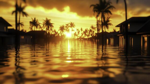 Serene Sunset Reflection Over Flooded Homes Surrounded by Palm Trees in Tropical Environment photo