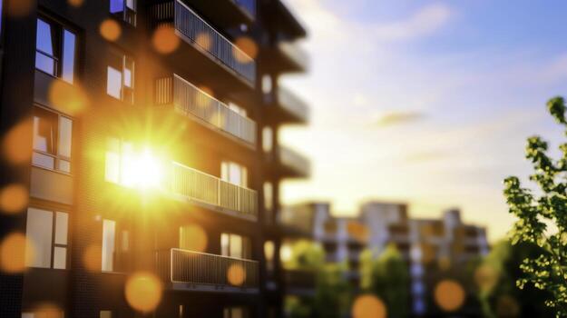 Sunlight Shining on Modern Apartment Building with Green Trees in Background photo