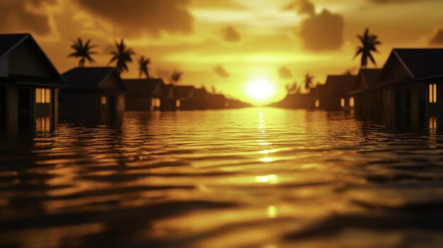 Serene Sunset Over Flooded Houses with Water Reflections and Palm Trees in Silhouette photo