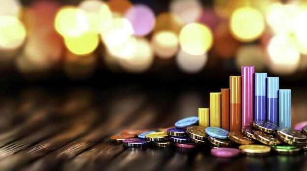 vistoso monedas y bar grafico con borroso luces en el antecedentes para financiero temas foto