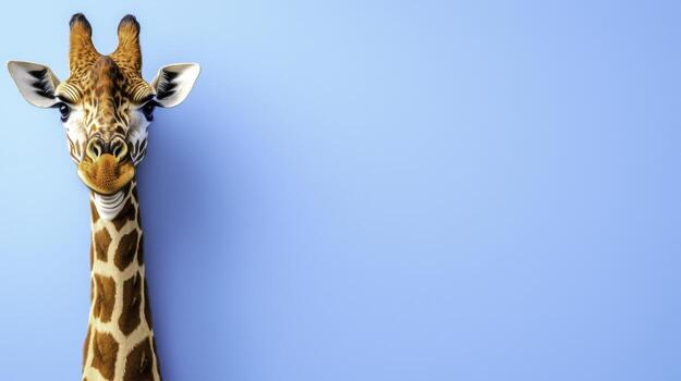 Close-up Portrait of a Giraffe Against a Vibrant Blue Background photo