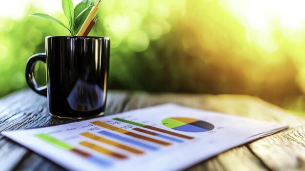Green Plant in Black Mug with Colorful Graphs on Wooden Table in Bright Sunlight photo