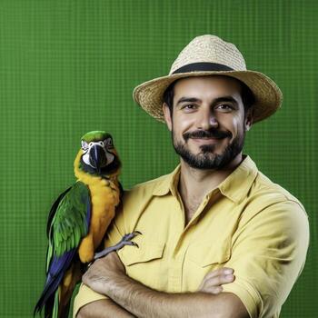 Friendly man with parrot posing for a portrait on a vibrant green background photo