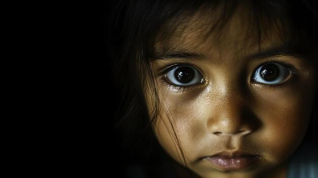 closeup Portrait of a Young Child with Expressive Eyes and Dark Background photo