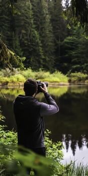 Man Taking Photographs by Tranquil Lake Surrounded by Lush Green Forest Landscape photo