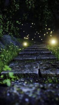 Mystical Pathway Surrounded by Greenery and Glowing Lights in Enchanted Forest Scene photo