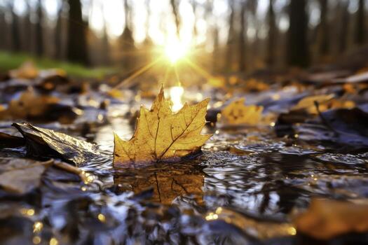 Golden Autumn Leaf Reflected in Water with Sunlight Glowing Through Trees photo