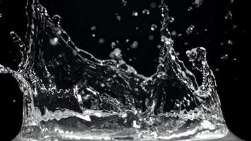 stänk av vatten på en svart bakgrund. filmad på en hög hastighet kamera på 1000 fps. hög kvalitet full HD antal fot video