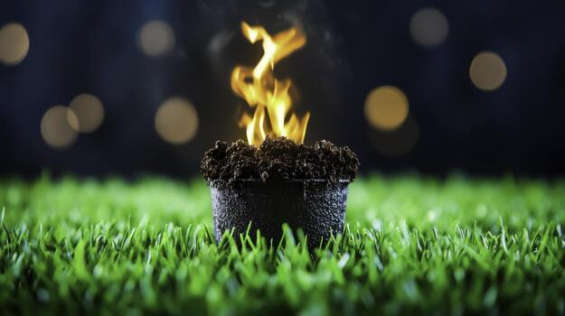 ardiente suelo en maceta con llamas en verde césped antecedentes y suave bokeh luces foto