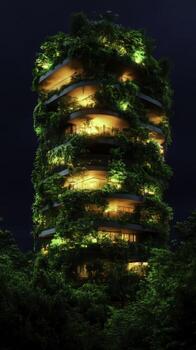 Nighttime View of a Modern Tower Surrounded by Lush Greenery and Soft Glowing Lights photo