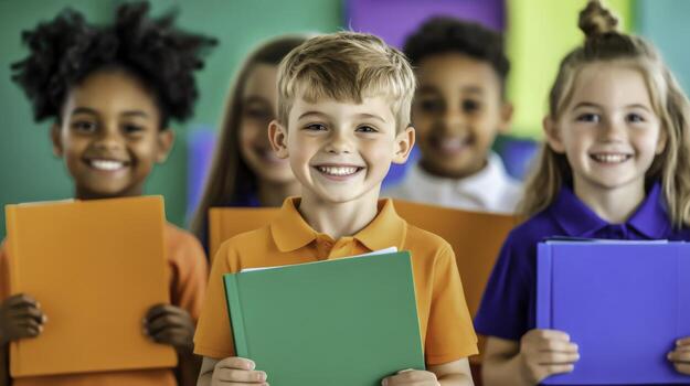 Happy Children Holding Colorful Notebooks in Classroom Setting with Vibrant Background photo