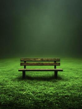 Serene Wooden Bench Surrounded by Lush Green Grass in Mystical Foggy Environment photo