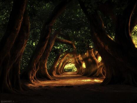 Enchanted Forest Pathway with Lush Green Foliage and Soft Glowing Light photo