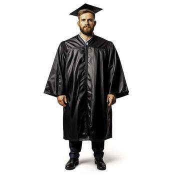 Young Man Wearing Graduation Gown and Cap with Serious Expression in Studio Setting photo