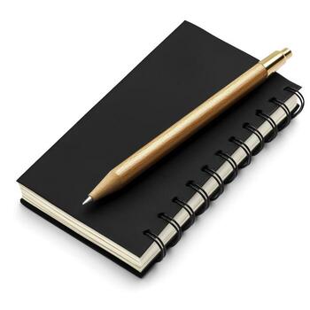 Black Spiral Notebook with Wooden Pen on White Background for Note Taking and Journaling photo