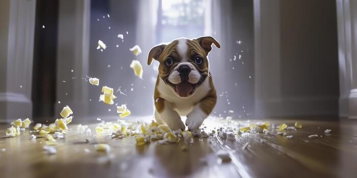 Playful Puppy Runs Through Messy Room with Shredded Paper and Cheesy Treats photo