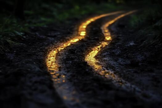 Glowing Muddy Pathway Through Lush Green Forest Landscape at Dusk photo