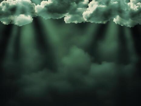 Mystical Cloud Formation with Rays of Light Illuminating a Dark Green Atmosphere photo