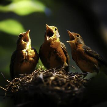 Three Baby Birds in Nest with Open Beaks Under Bright Green Leaves in Nature photo