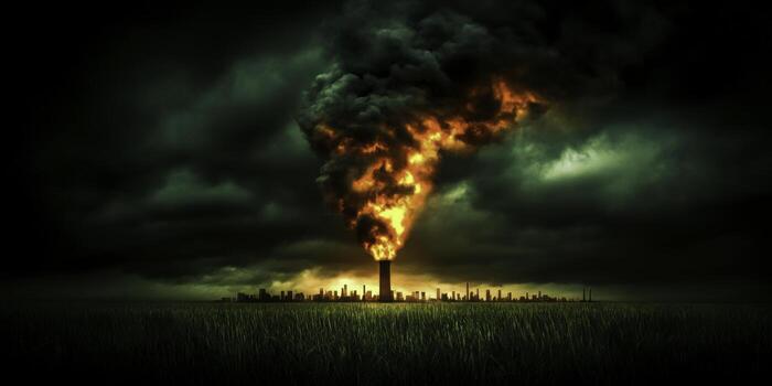 Dark Hazardous Skyline with Billowing Smoke and Flames Against Eerie Ominous Clouds photo