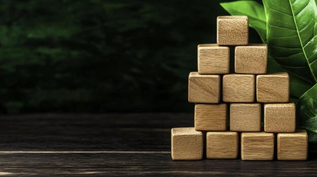 Wooden Building Blocks Arrangement with Green Leaves on Dark Rustic Table Surface photo