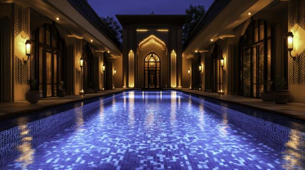 Elegant Poolside View at Night with Architectural Lighting and Reflection on Water Surface photo