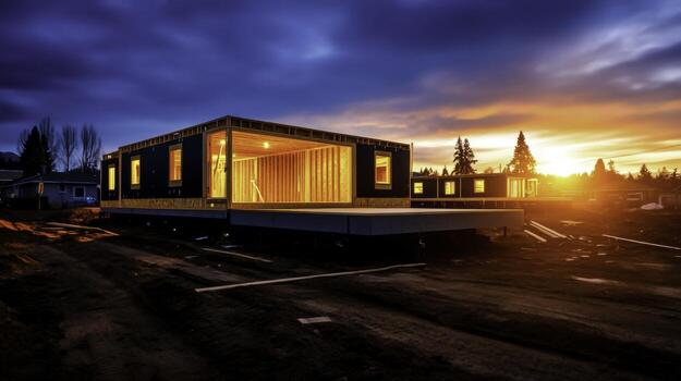 Modern Home Construction with Sunset Backdrop and Warm Glow from Building Interiors photo