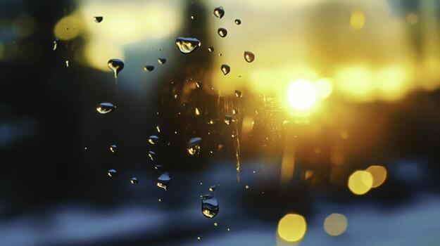 Raindrops on Glass Window with Warm Sunset Light Creating Beautiful Bokeh Effect photo