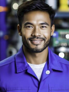 Smiling businessman in blue industrial uniform with tools in background, portrait shot photo
