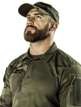 Confident Man in Military Camouflage Uniform Looking Upward Against White Background photo