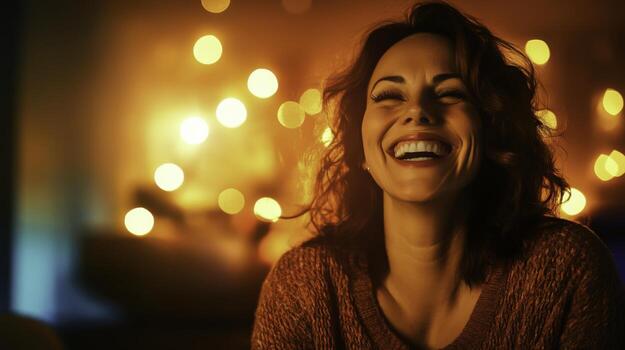 Joyful Woman Smiling with Warm Light Background, Happy Expression, Positive Vibes photo