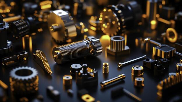 closeup View of Industrial Mechanical Parts and Components in Dark Background with Sparks photo