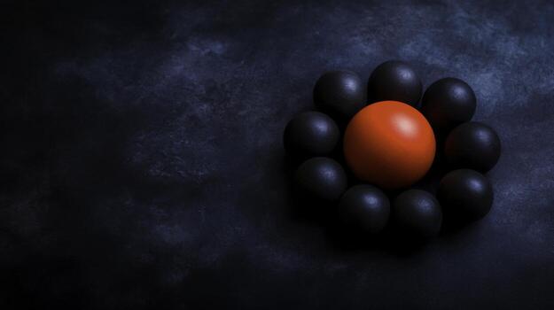 Red Sphere Surrounded by Black Orbs on Dark Textured Background for Creative Concepts photo
