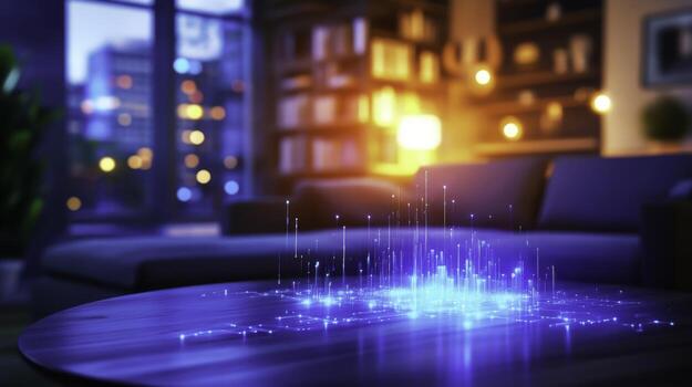 Digital Visualization of Abstract Data Flow Emerging from a Futuristic Coffee Table photo