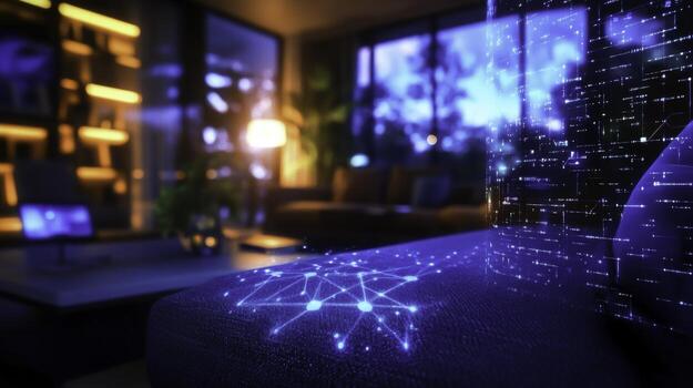 Futuristic Living Room with Digital Network Projection on Couch at Night photo